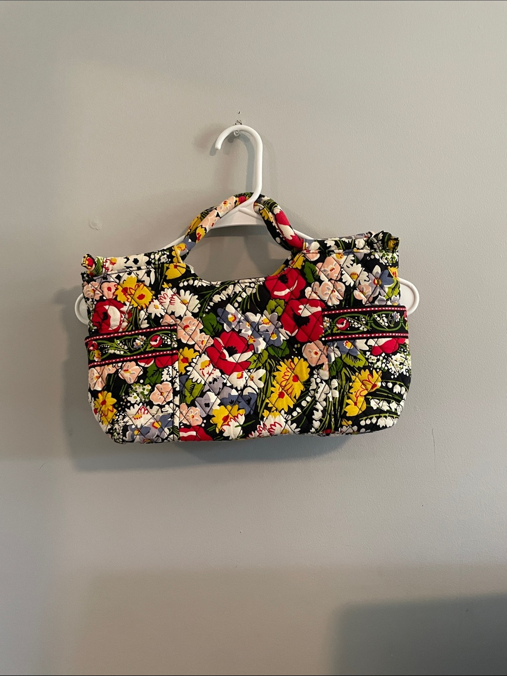 Vera Bradley Black Floral Quilted Shoulder Bag with Red & Yellow Accents